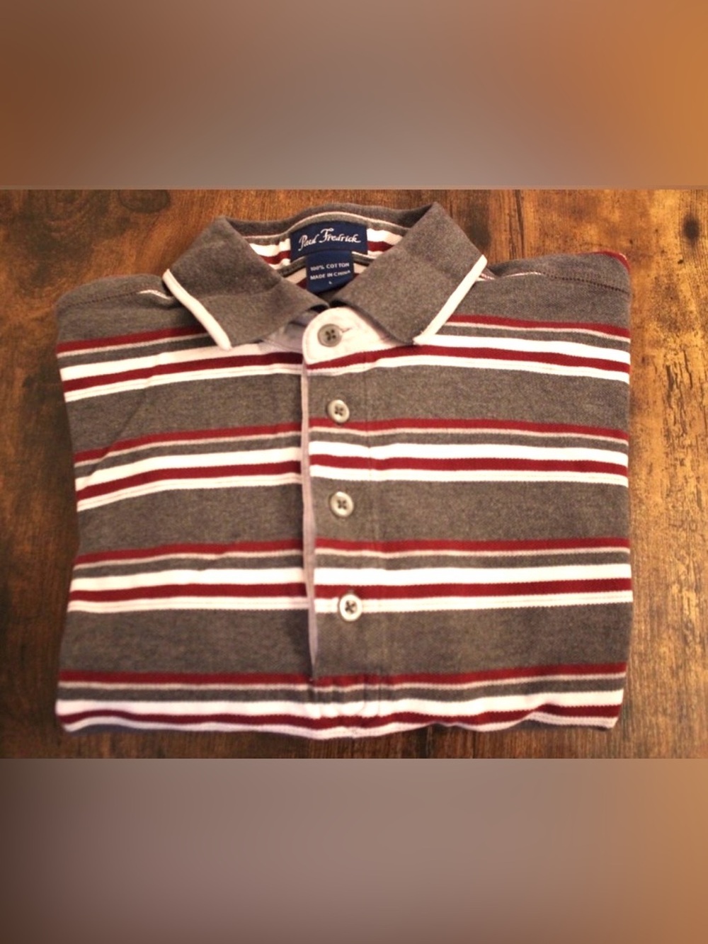 Paul Fredrick Gray Red Striped Polo Rugby 100% Cotton Size Large